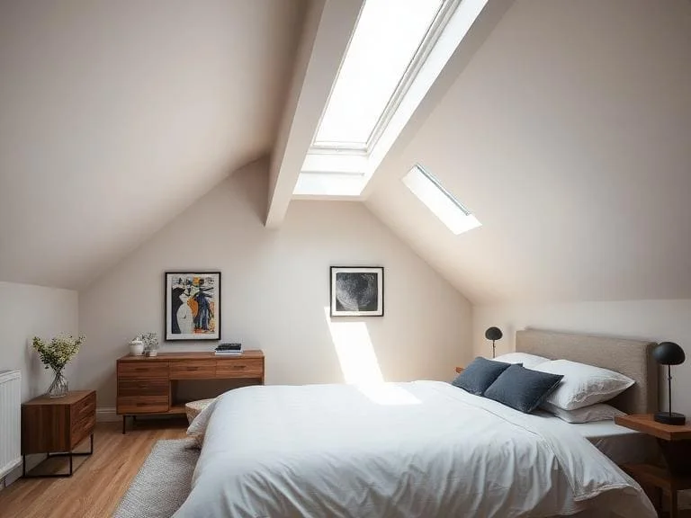 Modern loft conversion bedroom in Reading with skylight and minimalist interior design