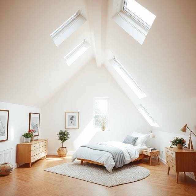 Loft Conversions Berkshire 4 Modern loft conversion bedroom in a Berkshire home with multiple skylight windows and bright open space
