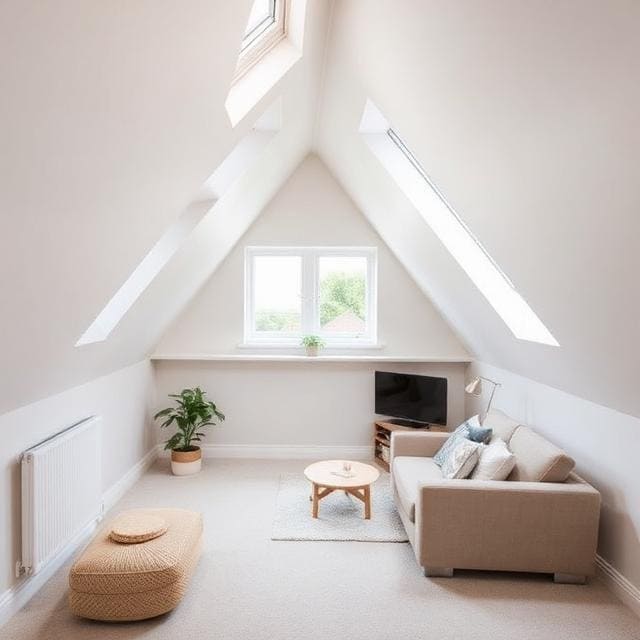 Loft Conversions Berkshire 1 Bright loft conversion bedroom in a Berkshire home with skylight windows, sloped ceiling and clean modern finish