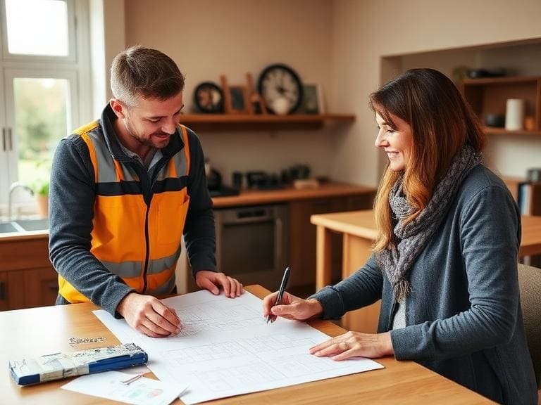 Loft Conversions Berkshire 2 Builder discussing loft conversion plans with homeowner in a Berkshire house during site consultation