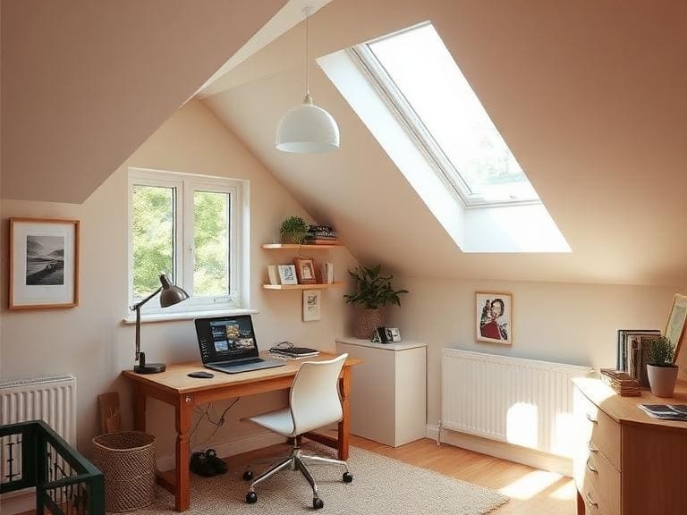 Loft Conversions Berkshire 10 Loft conversion home office in a Berkshire house with Velux roof window, desk setup and natural daylight