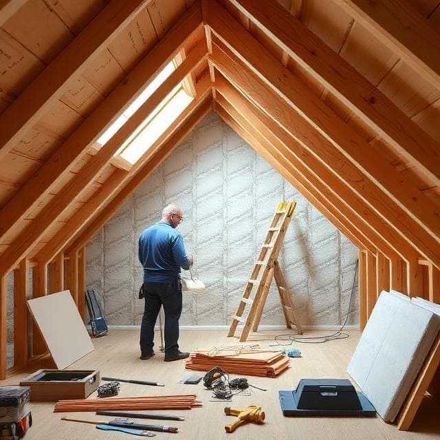 Loft Conversions Berkshire 3 Builder installing insulation inside a loft conversion structure in a Berkshire home with exposed wooden beams