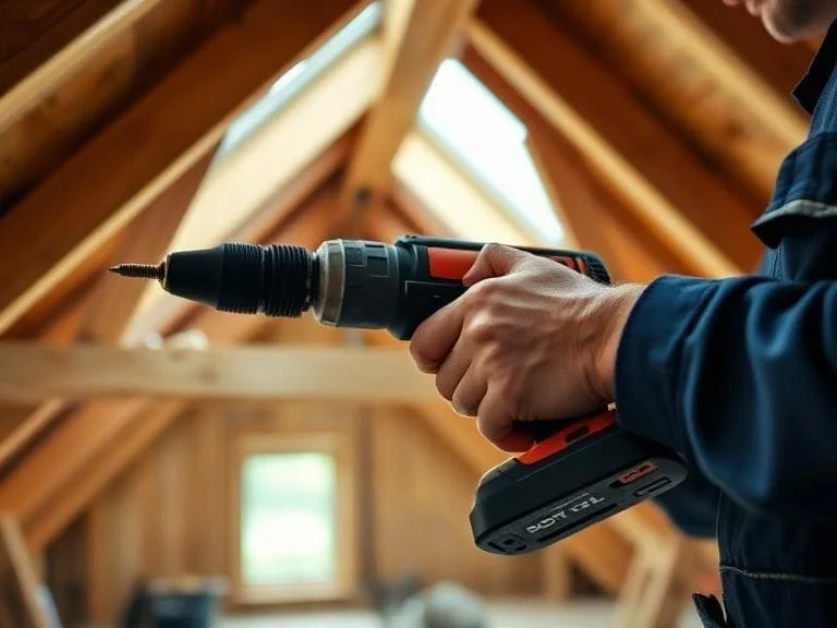 Close-up of builder using drill on wooden beams during loft conversion in Reading Berkshire