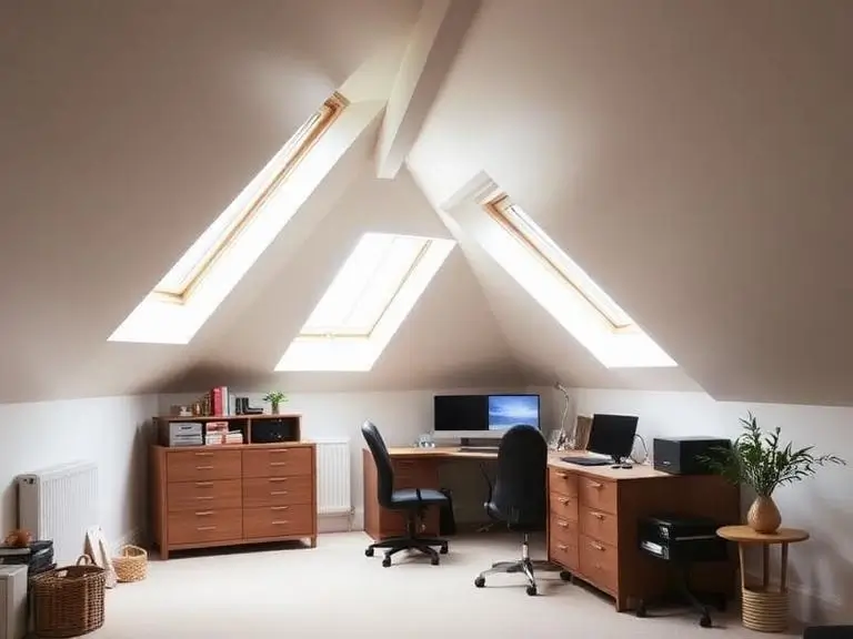 Loft conversion home office in Windsor UK with desk setup and sloped ceiling windows