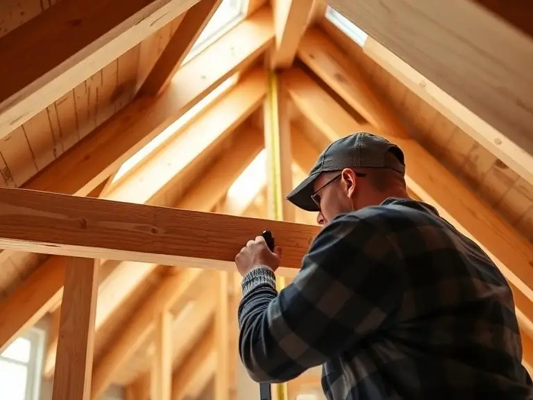 Carpenter measuring timber roof joists inside a loft conversion under construction in Maidenhead, Berkshire