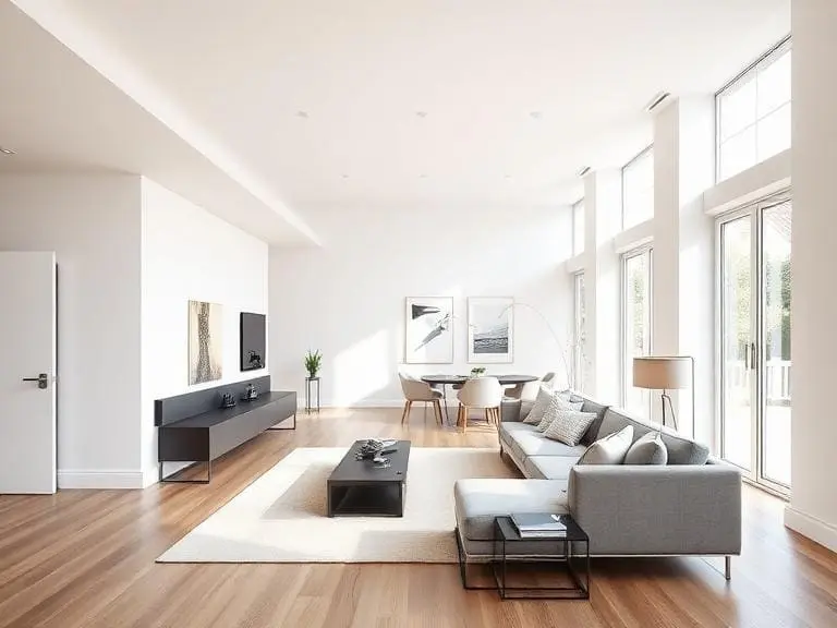 Modern open plan living room after home renovation in Reading with bright interior design