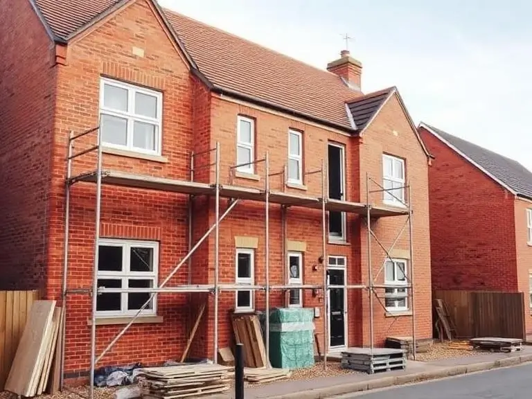 New build house under construction in Windsor UK with scaffolding and building materials