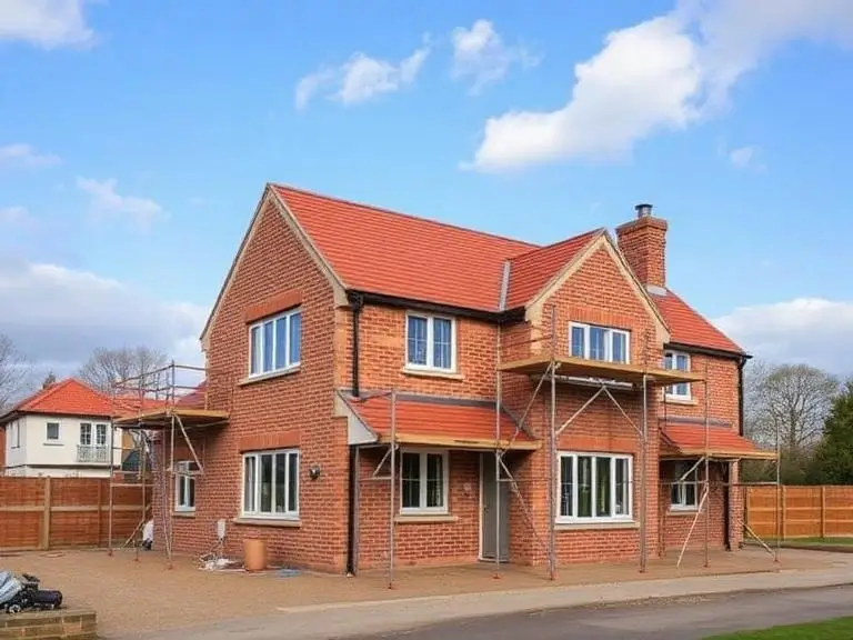 Newly constructed brick house exterior with scaffolding in Maidenhead Berkshire