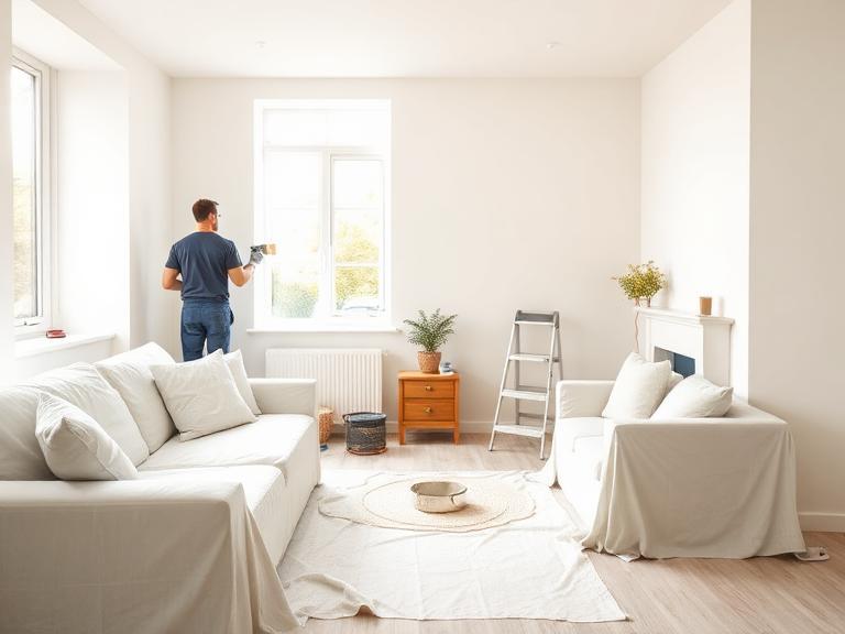 Painter decorating a bright living room in a Berkshire home with furniture covered and clean wall finish