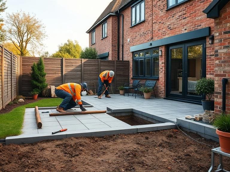 Landscaping work in progress in Berkshire with workers installing patio paving in residential garden