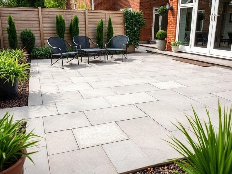 Porcelain patio installation in Berkshire garden with modern paving, outdoor seating area, and landscaped surroundings
