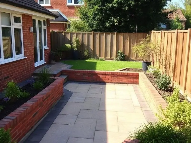 Newly installed garden patio with paving slabs and raised brick planters in Maidenhead, Berkshire by AA Contractor