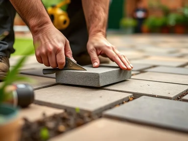 Close-up of landscaper installing patio paving slabs in Reading Berkshire garden
