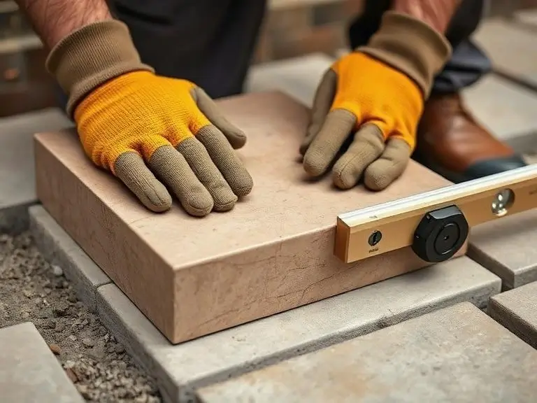 Contractor levelling paving slab with spirit level during patio installation in Maidenhead