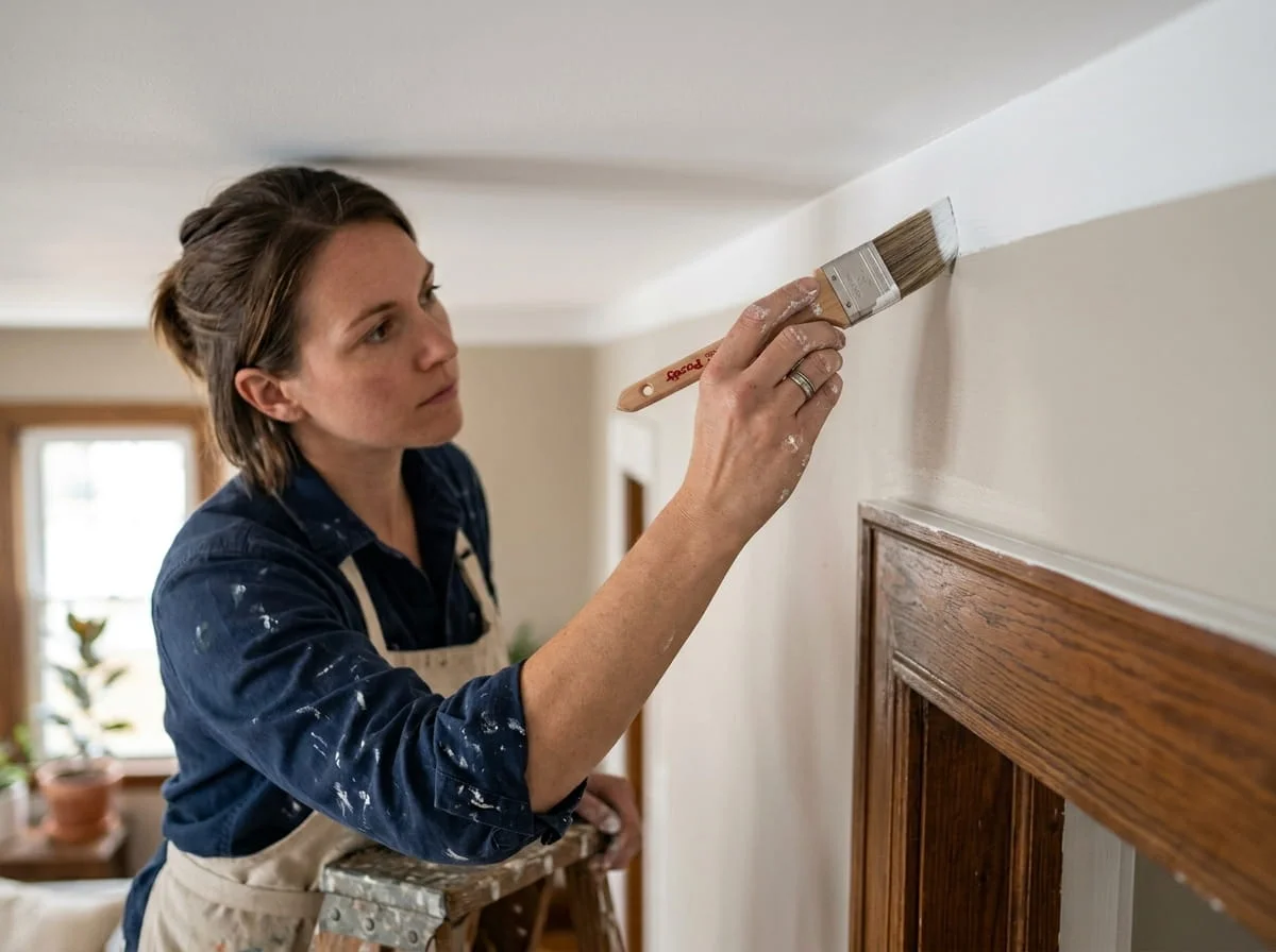 Painter carefully applying paint along wall edge and trim in a Berkshire home with smooth and clean finish