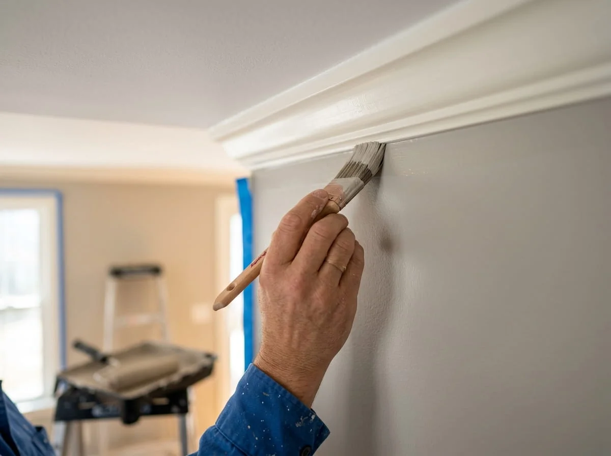 Painter applying paint along wall edge and ceiling line in Berkshire home with clean and precise finish