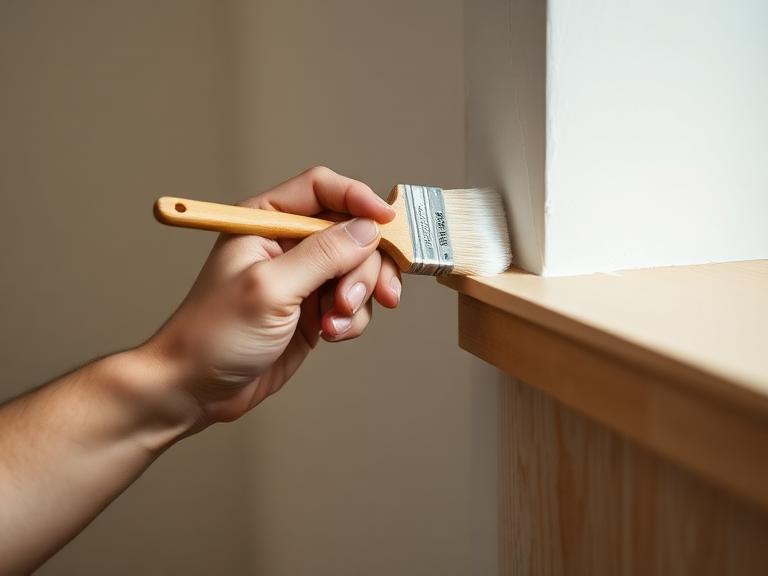 Close-up of painter applying paint along wall edge and woodwork in Berkshire home with clean finish