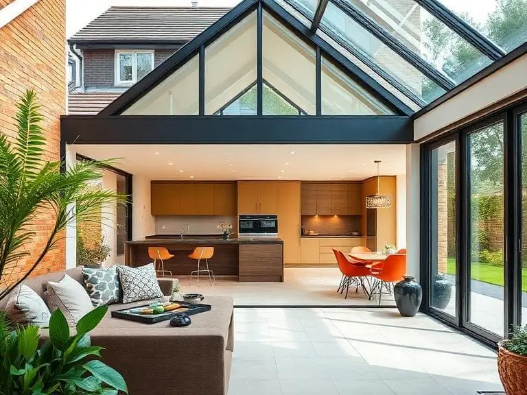 Open plan rear house extension in Reading with glass roof and bi-fold doors creating bright living space