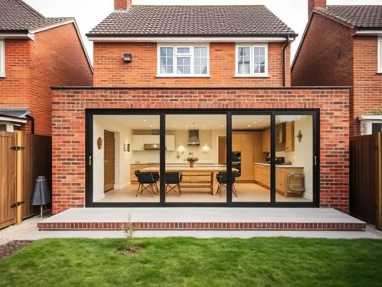 Rear house extension in Windsor with open plan kitchen and large sliding glass doors