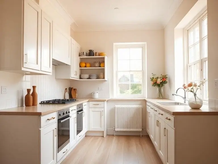 Freshly renovated kitchen with cream shaker units, wooden worktops and sash windows in a period home in Maidenhead, Berkshire