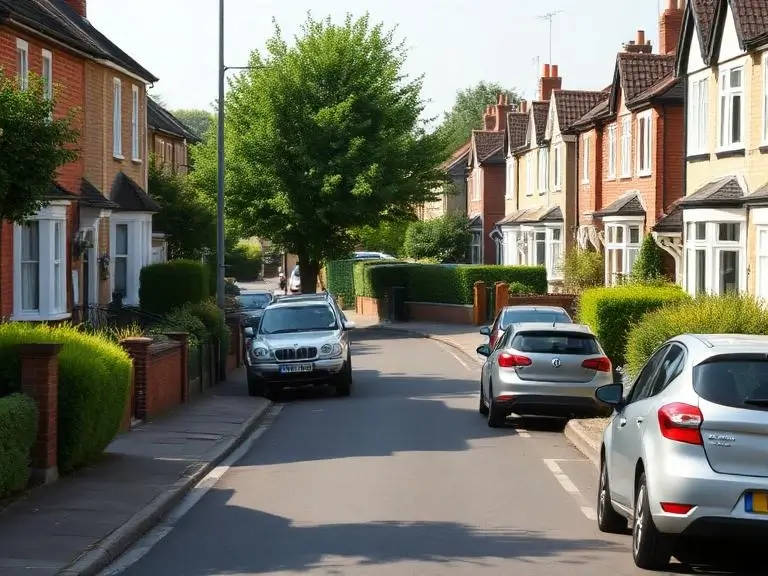 Typical residential street in Windsor Berkshire with brick houses and parked cars