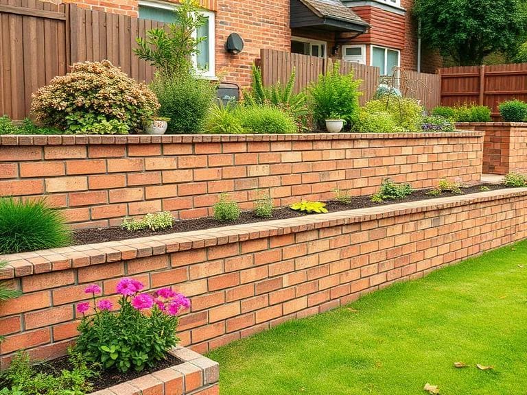 Brick retaining wall landscaping in Berkshire garden with tiered design, planted borders, and well-maintained lawn
