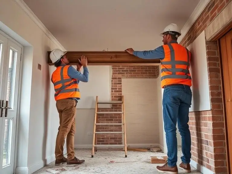 Builders installing structural beam for open plan space conversion in Maidenhead property