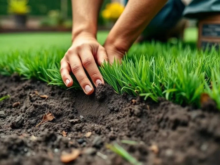 Close-up of fresh turf installation in Reading garden showing grass being laid on soil