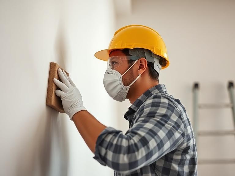 Worker sanding interior wall in Berkshire home with protective gear during painting preparation
