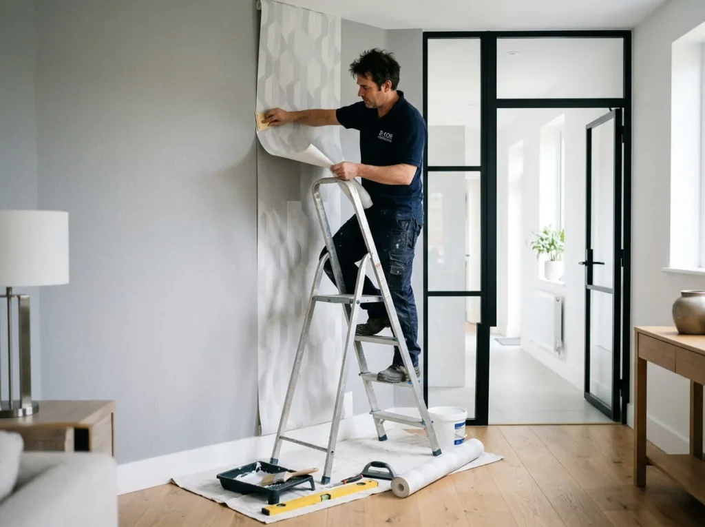 Decorator installing wallpaper on interior wall in a Berkshire home using ladder with clean and precise finish