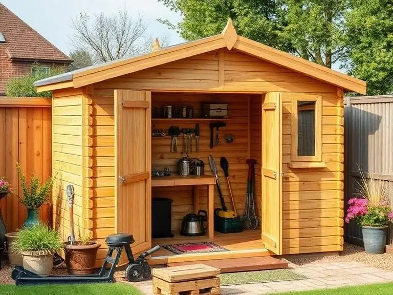 Wooden garden shed in Reading Berkshire with storage space and organised tools inside