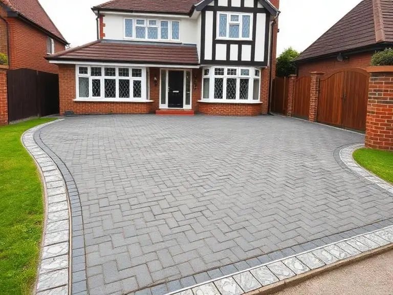 Newly completed block paved driveway on a detached house in Wokingham with charcoal grey herringbone block paving, decorative silver granite border edging and timber side gate