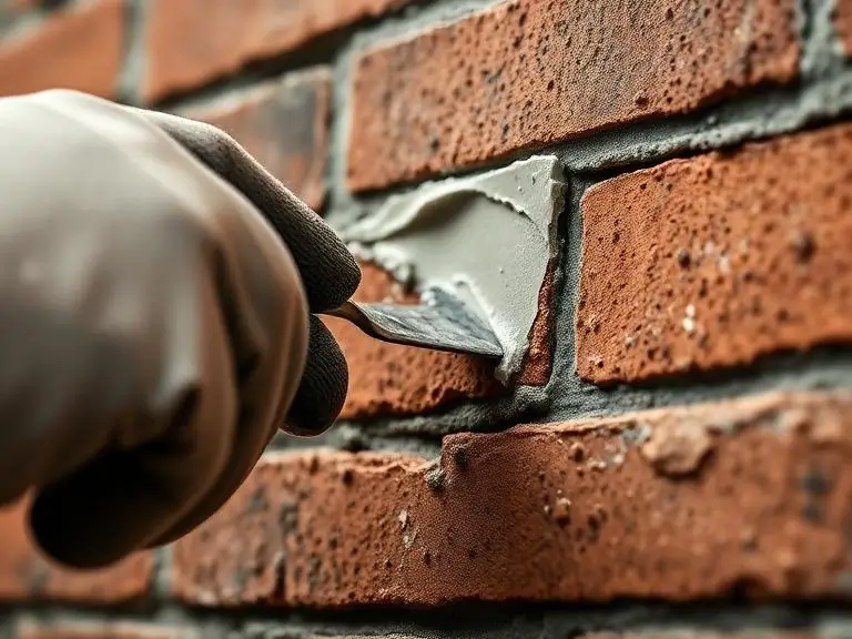 Close-up of a gloved tradesman's hand pressing fresh grey mortar into deteriorated red brick joints with a narrow pointing trowel during property maintenance repointing works in Wokingham Berkshire