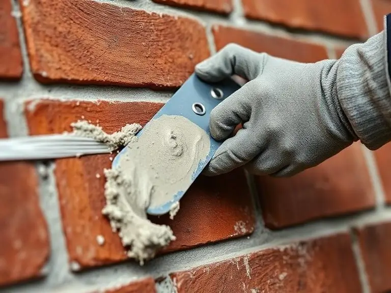 Close-up of a bricklayer's gloved hand pressing fresh mortar onto a red brick course with a pointing trowel during new build brickwork in Wokingham Berkshire