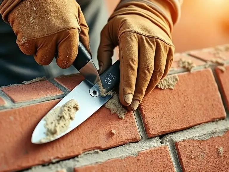 AA Contractor bricklayer applying mortar between red brick courses during a building project in Wokingham Berkshire