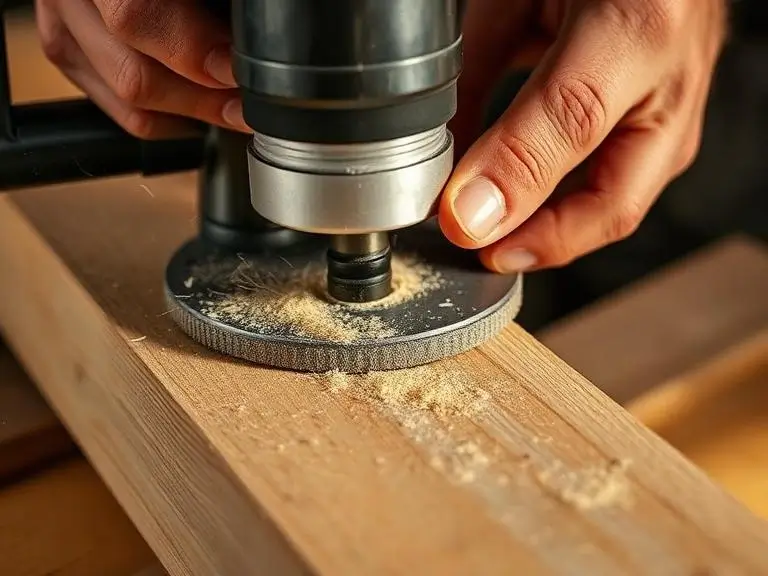 Close-up of a carpenter's hands using a plunge router on a timber board during a garden office build in Wokingham with fine wood shavings visible around the router base