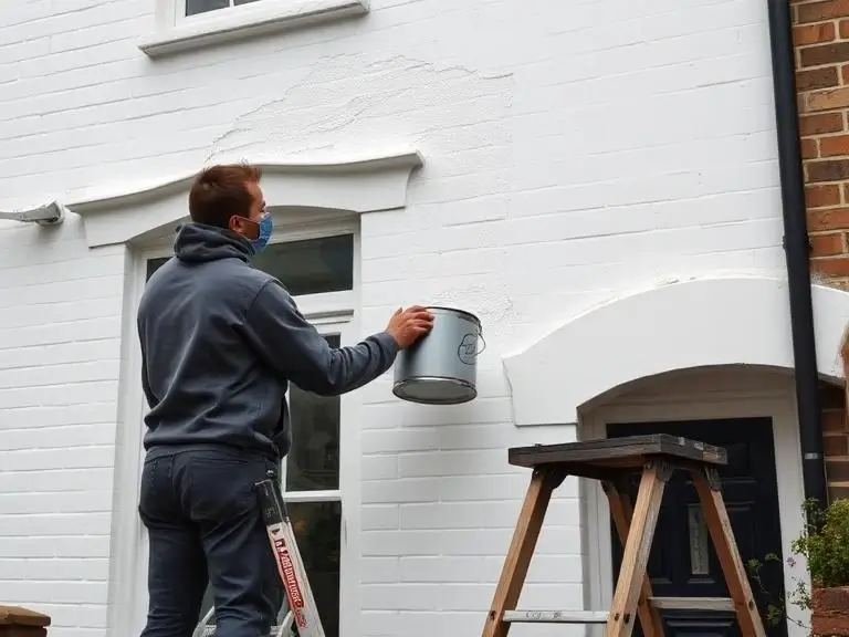 Professional decorator painting the exterior render of a white brick terraced house in Wokingham standing on a ladder with a paint tin, overcast British daylight