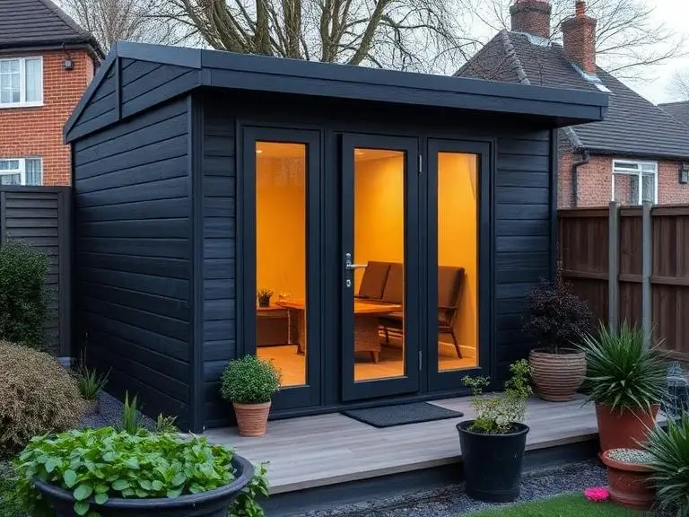 Completed insulated garden office in a Wokingham suburban garden with dark charcoal timber cladding, French doors, composite decking and warm interior lighting at dusk