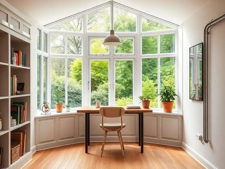 Bright garden office interior in Wokingham with floor to ceiling glazed gable window overlooking mature trees, built-in bookshelves, oak flooring and a fitted desk workspace