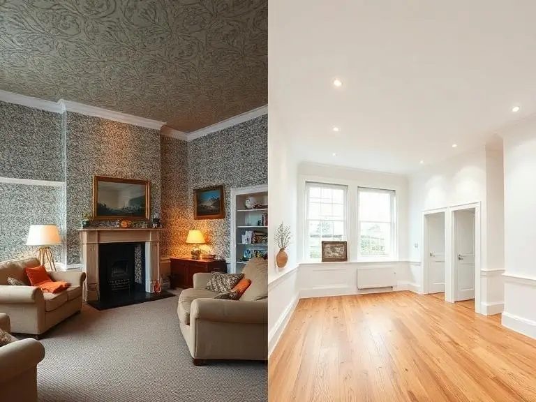 Before and after home renovation in Wokingham showing dated wallpapered living room transformed into a bright modern space with oak flooring and recessed lighting