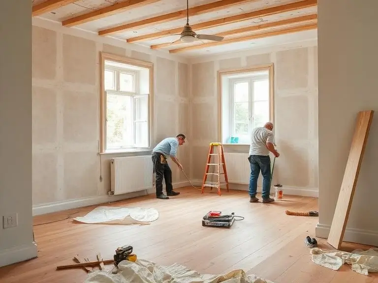 Two builders carrying out a full home renovation in a Wokingham property with fresh plasterboard walls, exposed timber beams and hardwood flooring being installed