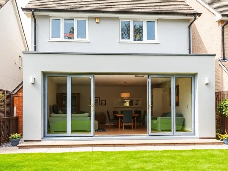 Completed rear house extension in Wokingham with grey aluminium bifold doors opening onto a landscaped garden