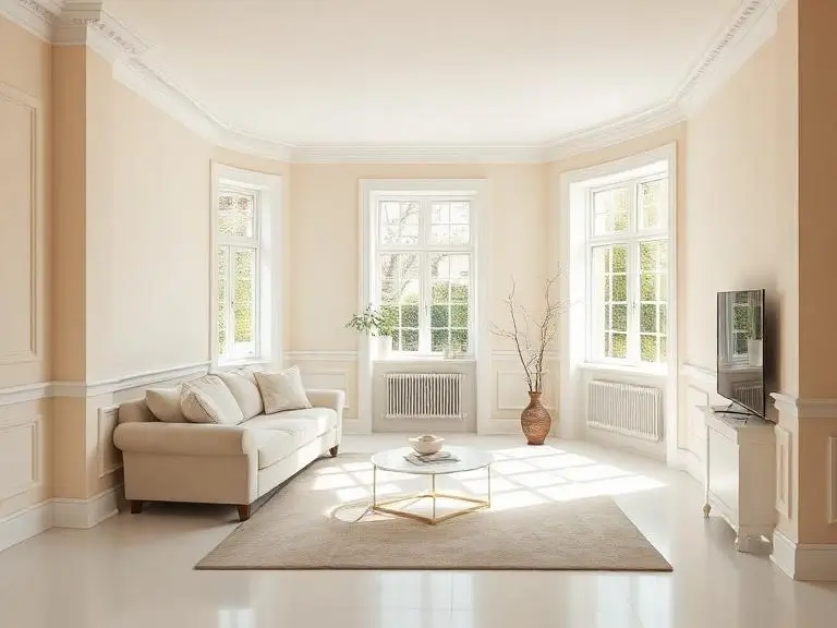 Freshly decorated living room interior in a Wokingham property with smooth warm beige painted walls, crisp white coving, gloss skirting boards and a bay window with garden views