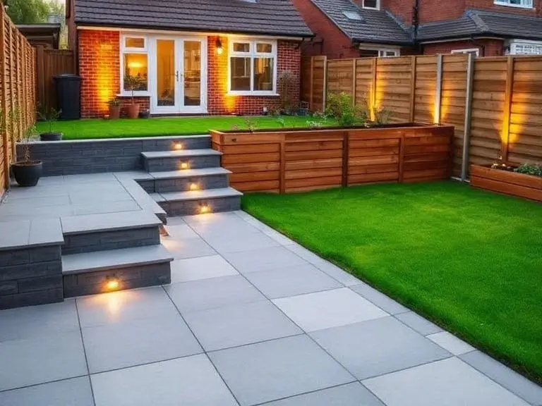 Completed rear garden landscaping in Wokingham with large format grey porcelain paving slabs, illuminated step lights, timber sleeper raised beds, artificial lawn and feature outdoor lighting at dusk