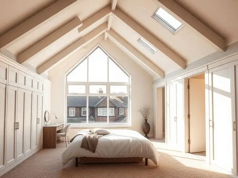 Finished loft conversion bedroom in Wokingham with vaulted ceiling, exposed white painted beams, Velux roof windows, fitted wardrobes and a large gable end window overlooking rooftops