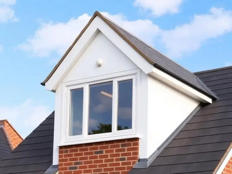 Completed dormer loft conversion on a red brick house in Wokingham with white rendered gable, UPVC triple window and dark grey slate roof tiles against a blue sky