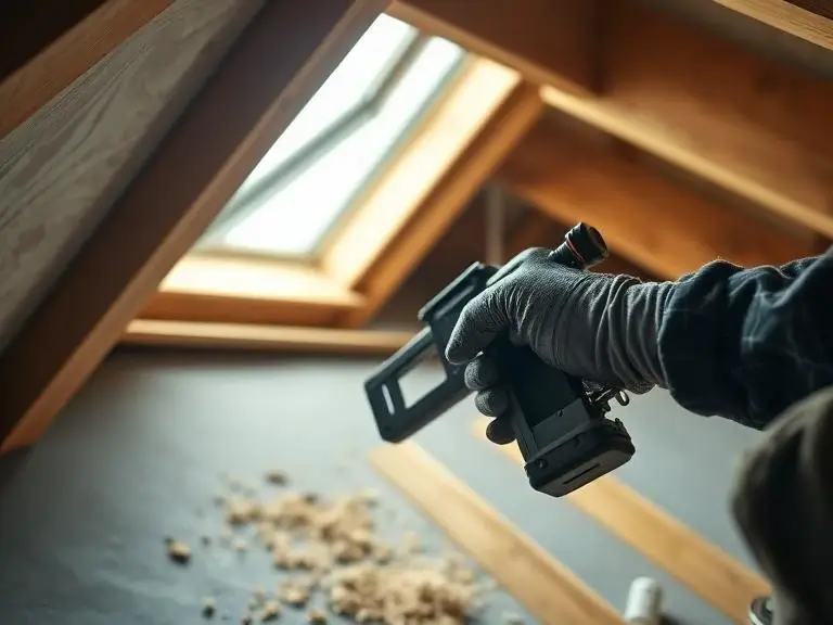 Close-up of a tradesman's gloved hand using a nail gun during loft conversion works in Wokingham with a Velux roof window and timber rafters visible in the background
