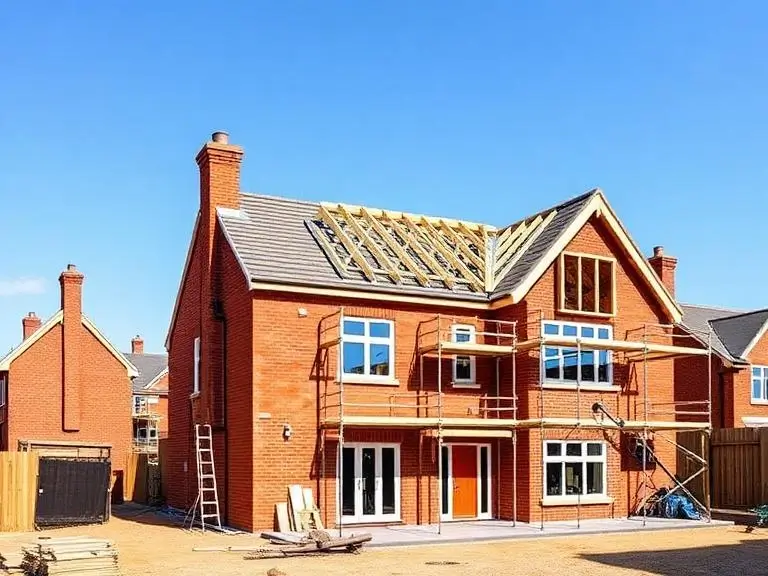 New build detached red brick house under construction in Wokingham Berkshire with timber roof trusses partially laid, scaffolding on both elevations and materials on site under a clear blue sky