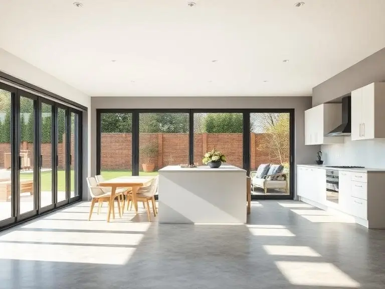 Bright open-plan kitchen and dining room created by a rear extension in Wokingham with full width bifold doors and polished concrete floor