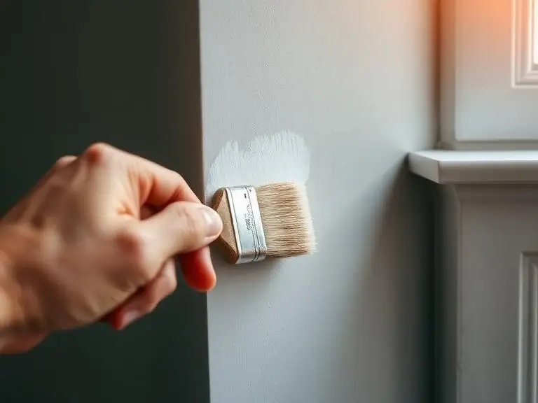 Close-up of a decorator's hand cutting in white gloss paint around a door frame with a quality brush during interior painting and decorating works in a Wokingham home